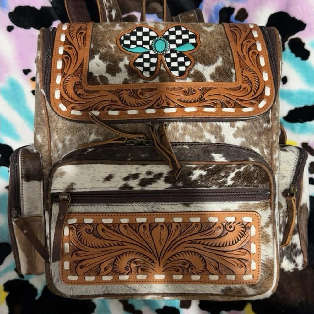 Cowhide Leather Backpack with Floral Design